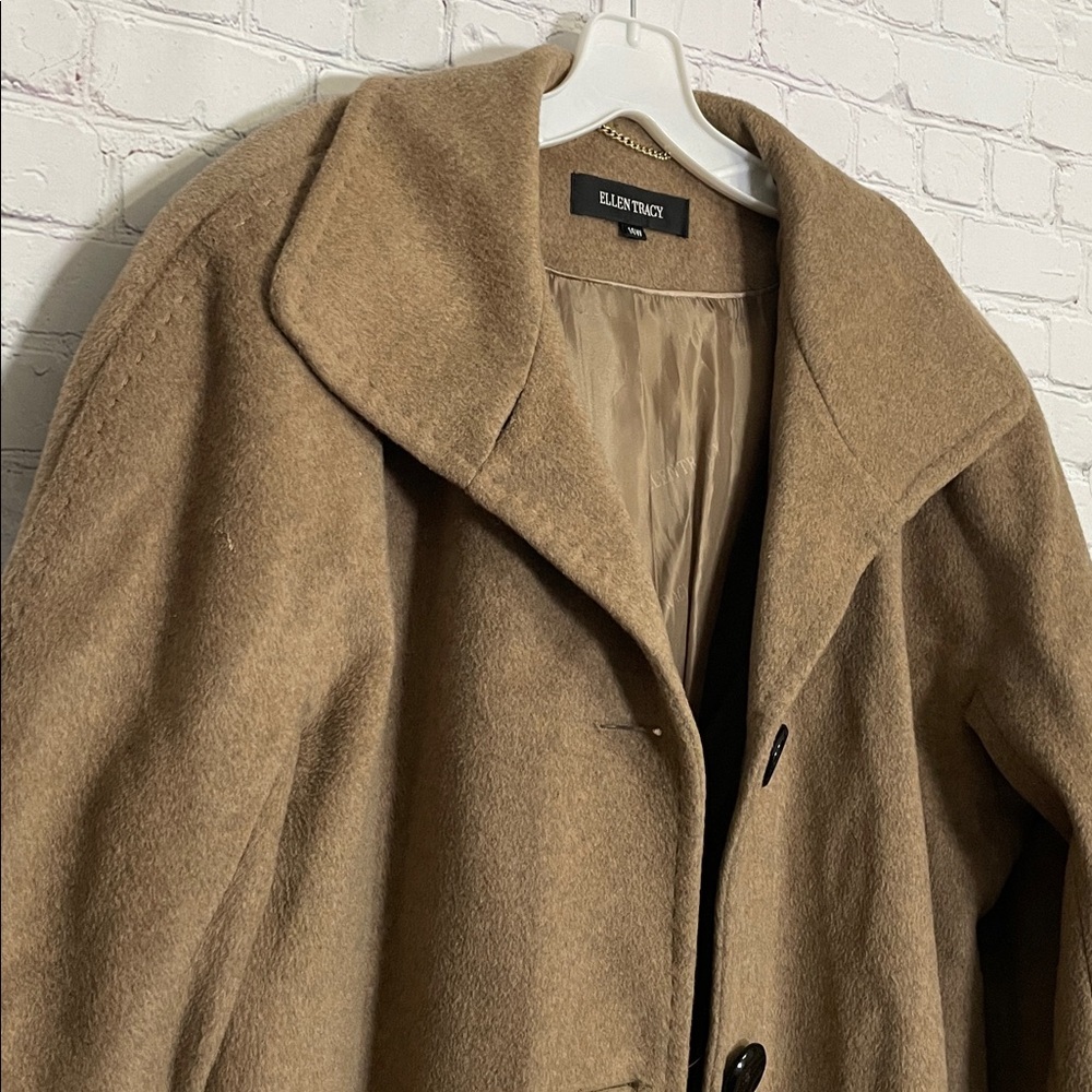 Ellen Tracy Camel Wheat Tan Wool Angora Blend Pea Coat Jacket Size 14W - Picture 3 of 11